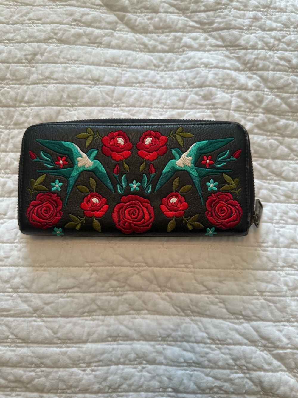 Loungefly Black Embroidered Floral & Bird Zip Wallet